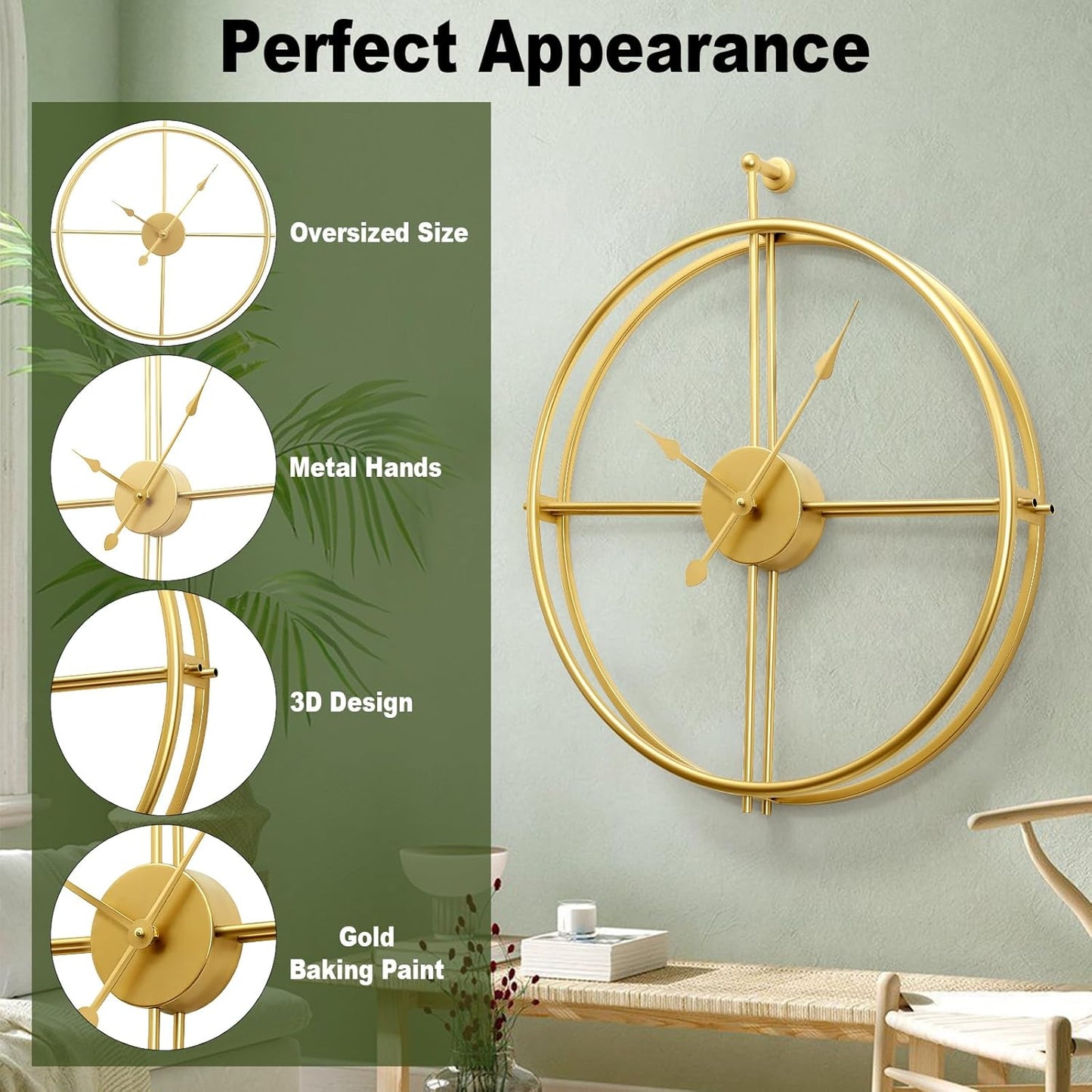 Large Wall Clock 20 Inch Gold Wall Clock Modern Metal Clock Gold Wall Clocks for Living Room Decor Minimalism Clocks Farmhouse Clock, Non Ticking Battery Operated Clock for Bedroom Kitchen Office Home