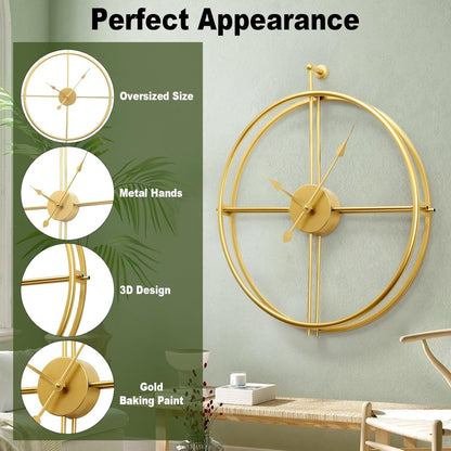 Large Wall Clock 20 Inch Gold Wall Clock Modern Metal Clock Gold Wall Clocks for Living Room Decor Minimalism Clocks Farmhouse Clock, Non Ticking Battery Operated Clock for Bedroom Kitchen Office Home