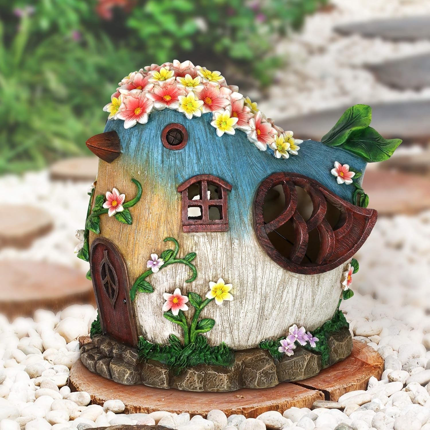 Solar Bird Fairy Garden House – Hand Painted Fairy House Garden Statue W/Solar LED Lights – Durable Resin Fairy Garden Decorations – Fairy Garden Accessories (6" L X 9" W X 8" H)