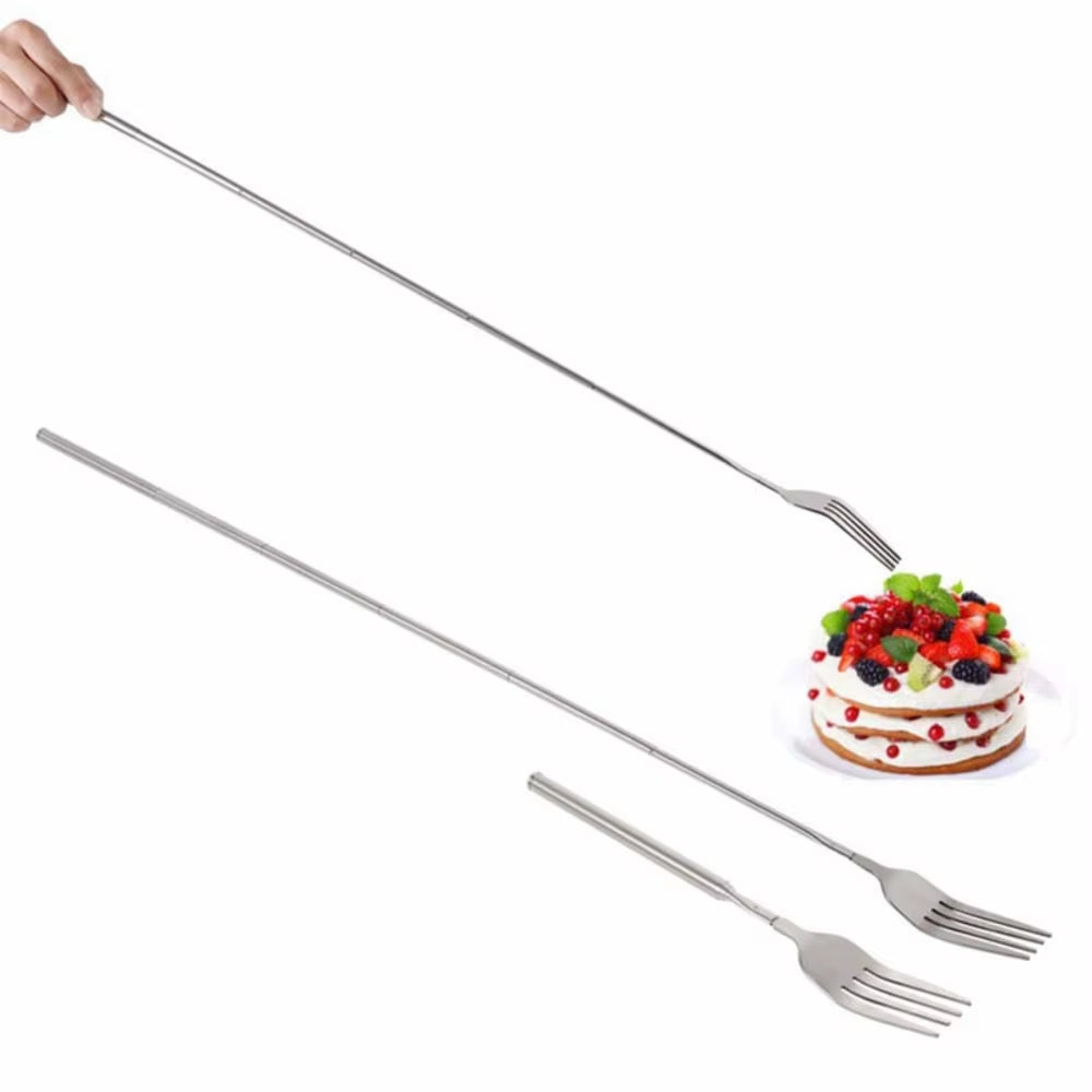 Food Fork Stainless Steel Sliver Telescopic Food Fork Long Cutlery Fork Extendable Dinner Fruit Dessert Fork Kitchen Tool