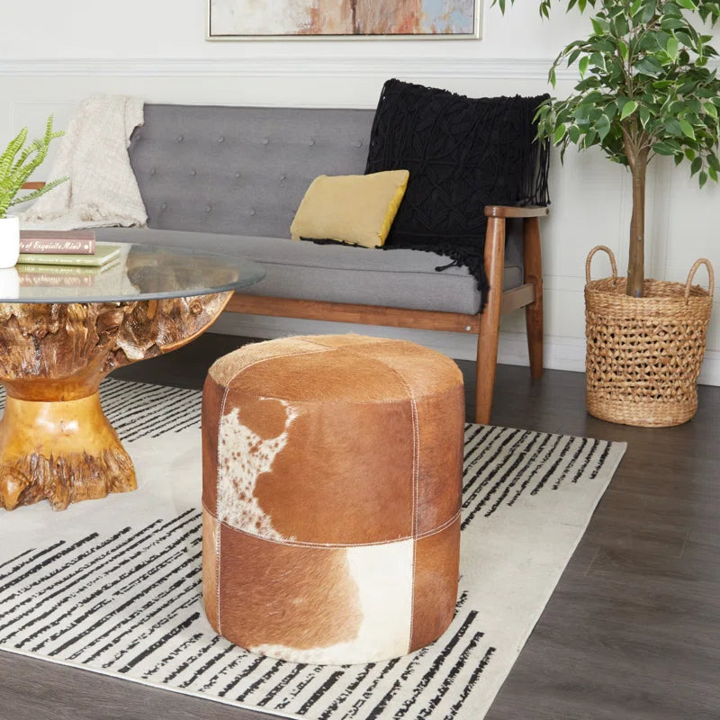 Leather Handmade Cowhide Living Room Stool with Patchwork Pattern