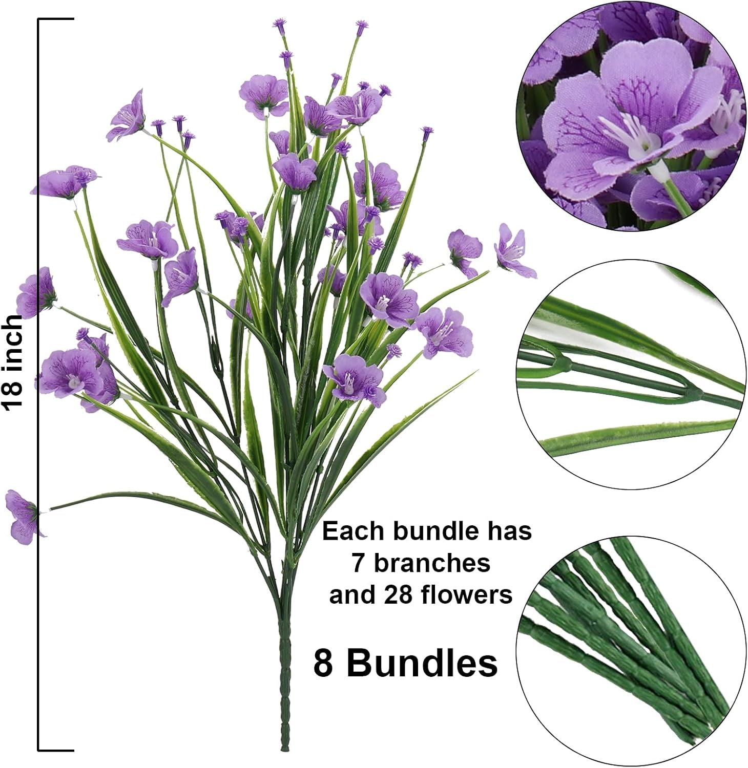 Artificial Flowers Outdoor UV Resistant Plants, 8 Bundles in Bulk Silk Plastic Faux Flowers Indoor, Fake Flowers for outside Hanging Shrubs Planters Home Garden Wedding Porch Window Vase Décor, Purple