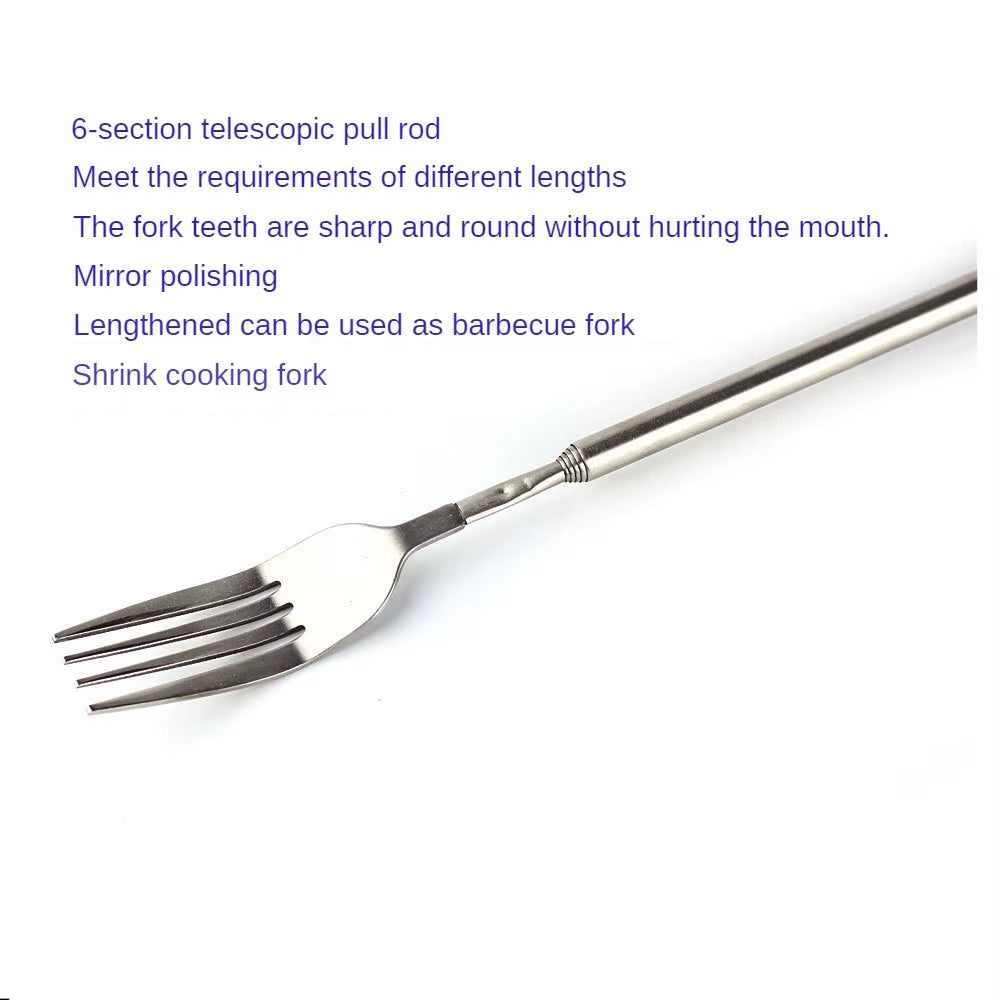 Food Fork Stainless Steel Sliver Telescopic Food Fork Long Cutlery Fork Extendable Dinner Fruit Dessert Fork Kitchen Tool