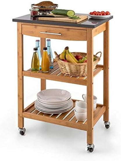 Tennessee Kitchen Trolley – Kitchen Cart, Serving Wagon, 3 Floors, 2 Shelves, Removable Drawer 372 In² Large, Water-Repellent Working Surface, Smooth Rubber Rollers, Bamboo, Granite