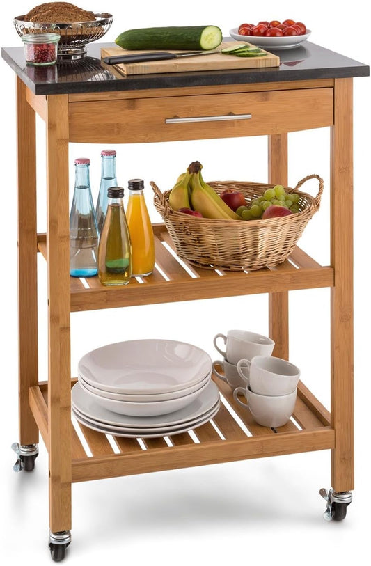 Tennessee Kitchen Trolley – Kitchen Cart, Serving Wagon, 3 Floors, 2 Shelves, Removable Drawer 372 In² Large, Water-Repellent Working Surface, Smooth Rubber Rollers, Bamboo, Granite