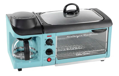 Retro 3-In-1 Family Size Electric Breakfast Station, Coffeemaker, Griddle, Toaster Oven, Aqua