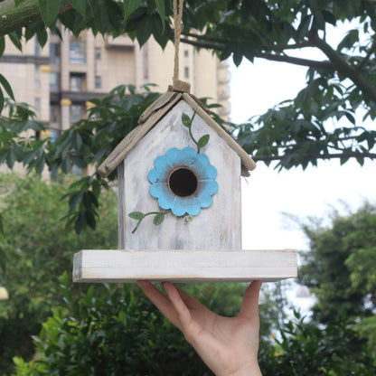 Bird Feeder House for outside Hanging, Wooden Birdhouse Bluebird House Feeder Handcrafted Hut