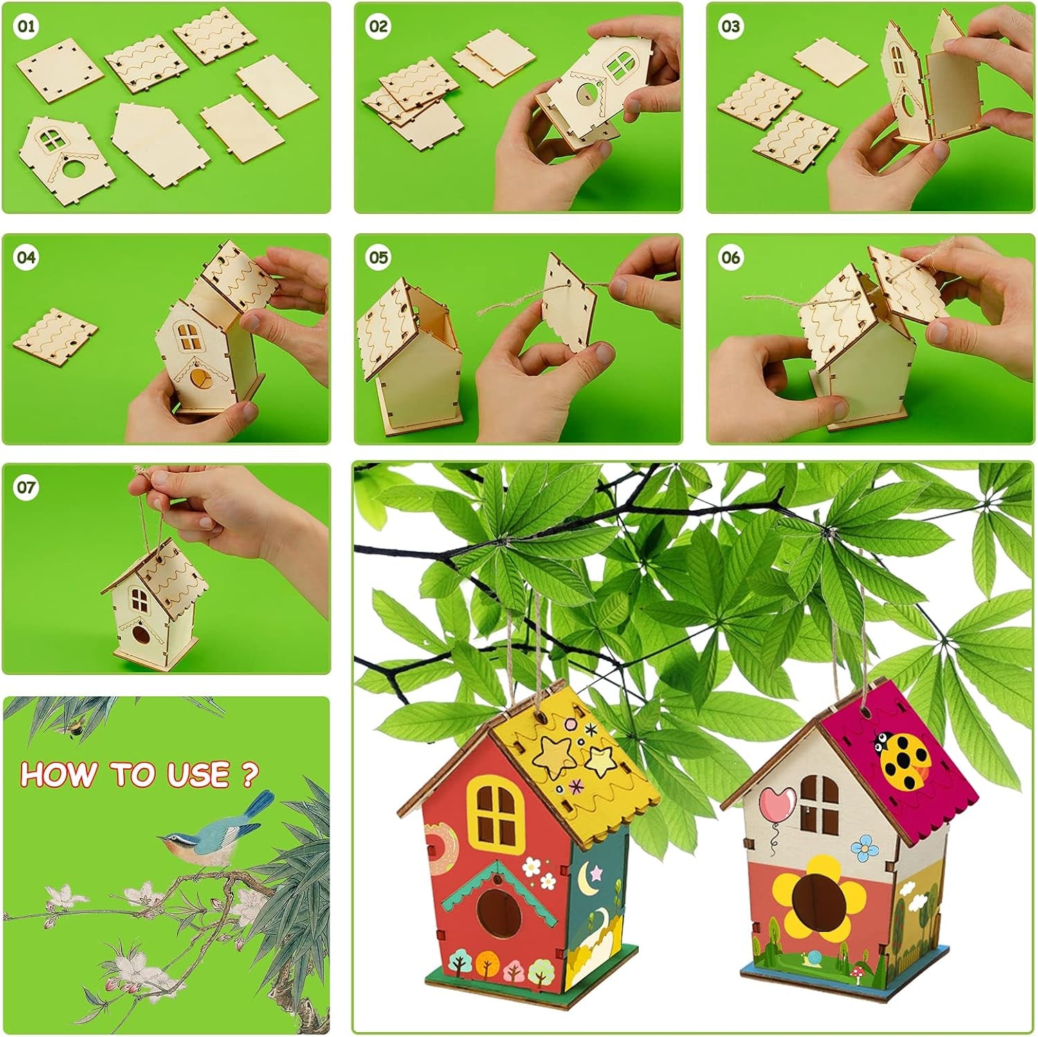 Bird House Kit 2 Pack,Arts and Crafts for Kids Diy Bird House Kits for Children Adult to Build,Hanging Outdoor Wood Build Your Own Unfinished Bird House Kit for Girls Boys Toddler Ages 4-6,6-8,8-12