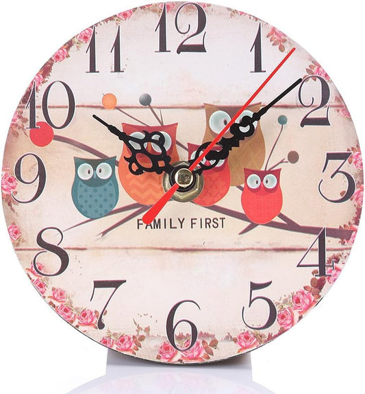 Owl Style Table Clock,5" Decorative Table Clocks,Pallet Wood Clock round Home Decoration Wood Clock (Family_Rose)