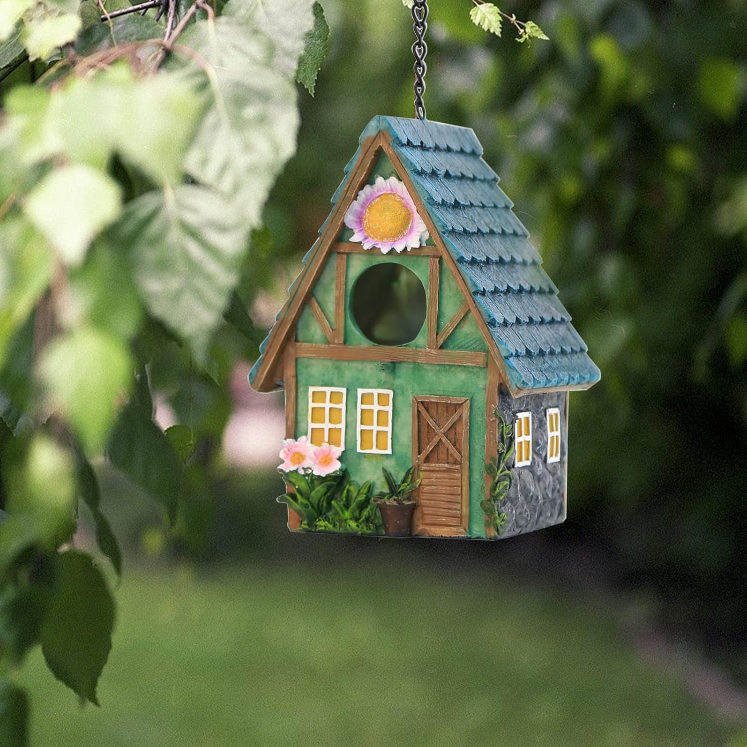 Bird Houses for Outside,  Hanging Outdoor Resin Birdhouses Garden Decor for Bluebirds Tits, Hummingbirds, Swallows, Skylarks, Squirrels (Green House)