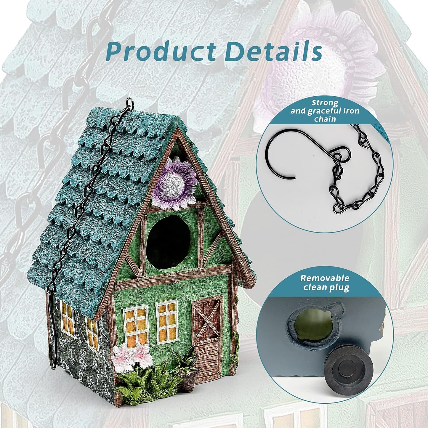 Bird Houses for Outside,  Hanging Outdoor Resin Birdhouses Garden Decor for Bluebirds Tits, Hummingbirds, Swallows, Skylarks, Squirrels (Green House)