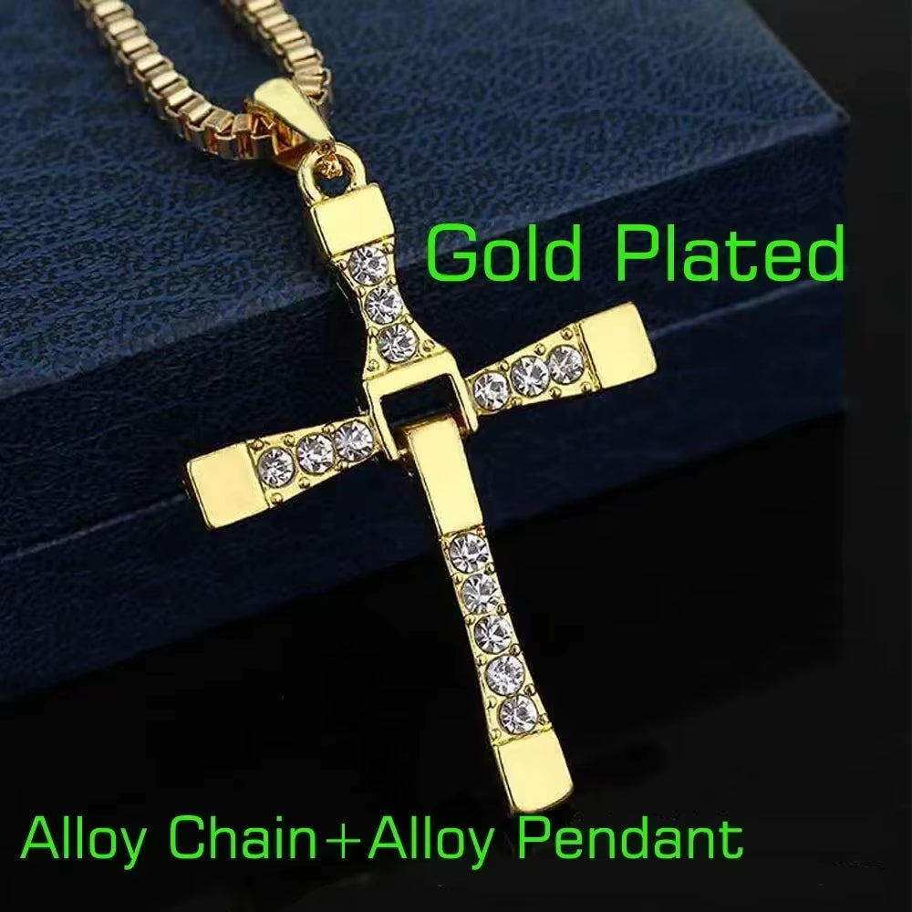 2024 Hot Sale AAAA Cubic Zircon Plated 14K Gold 50Cm Length Men Women Cross Necklace Crown Rotatable Hang Jewelry Drop Shipping