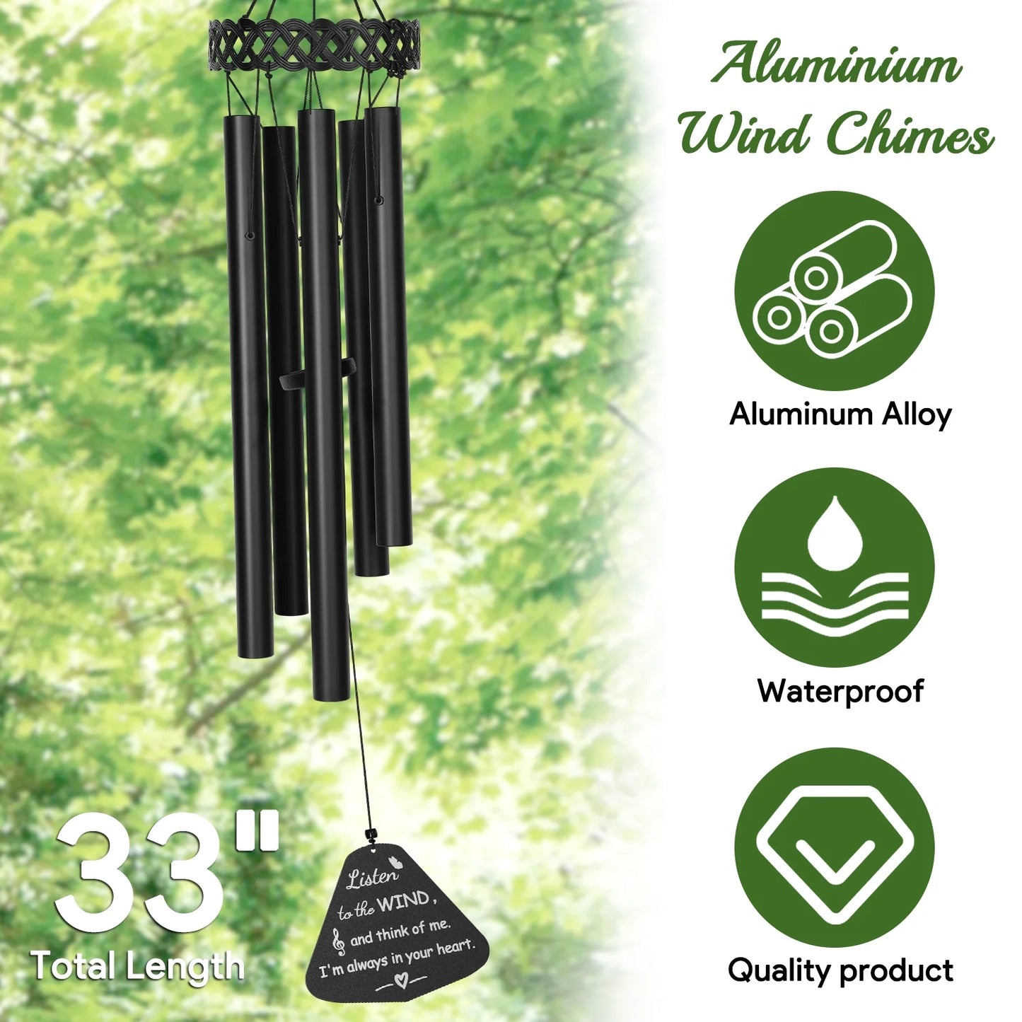 Wind Chimes for Outside, Sympathy Memorial Wind Chimes Deep Tone, Soothing Aluminium Windbell, Large Wind Chimes with 5 Thicken Tubes & Hook, 33''