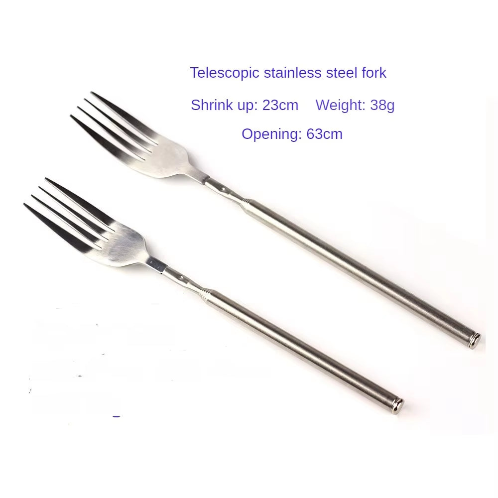 Food Fork Stainless Steel Sliver Telescopic Food Fork Long Cutlery Fork Extendable Dinner Fruit Dessert Fork Kitchen Tool