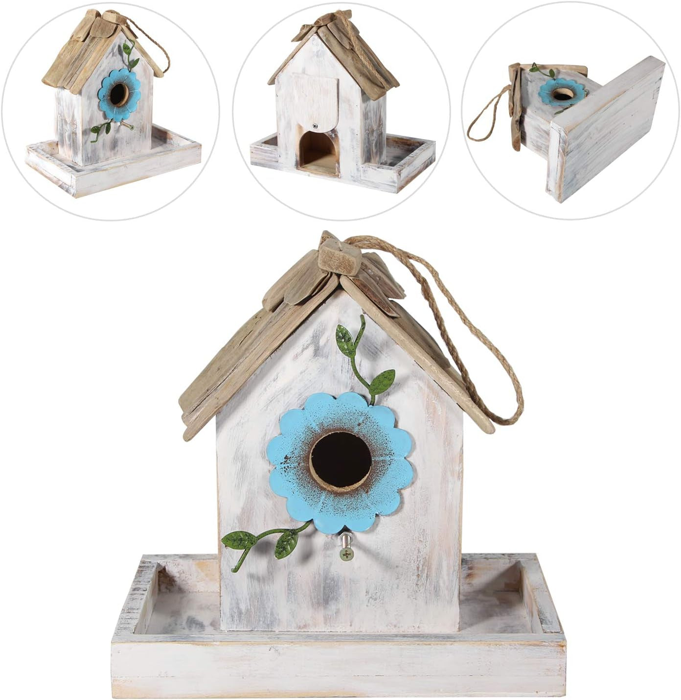 Bird Feeder House for outside Hanging, Wooden Birdhouse Bluebird House Feeder Handcrafted Hut