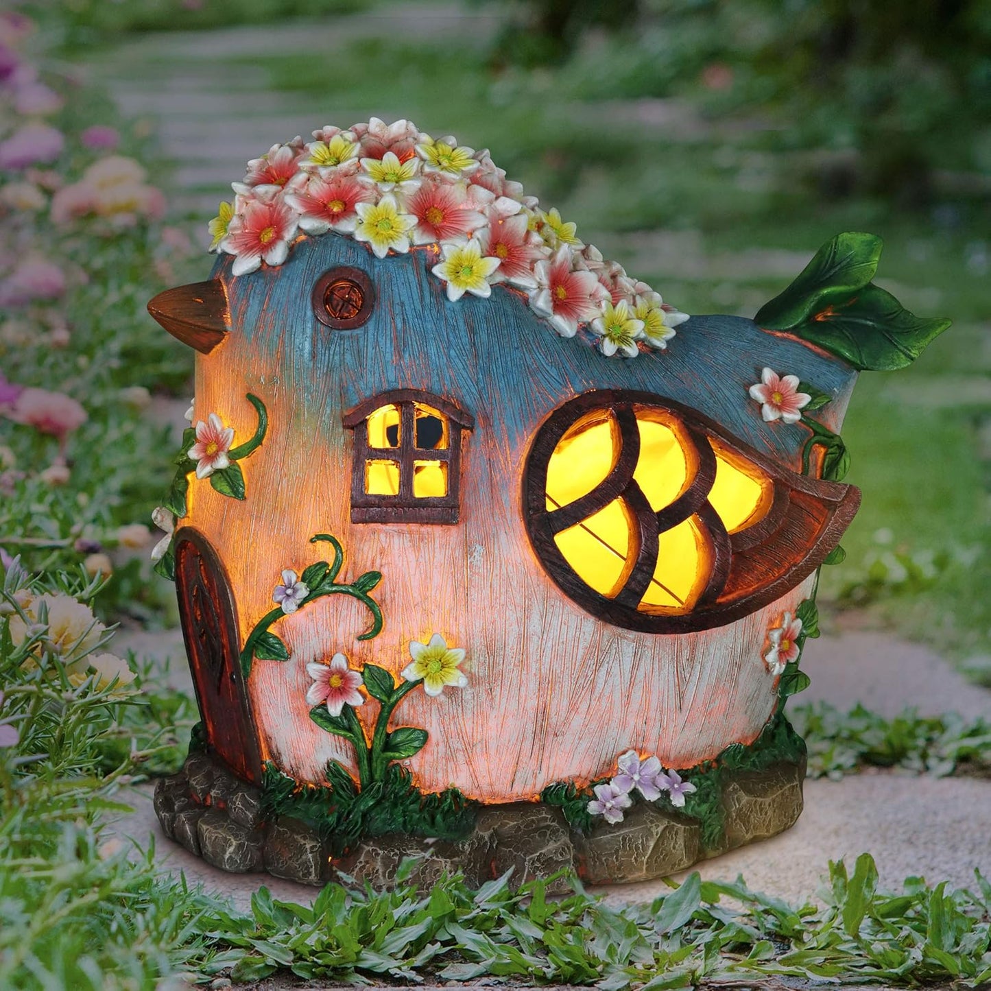 Solar Bird Fairy Garden House – Hand Painted Fairy House Garden Statue W/Solar LED Lights – Durable Resin Fairy Garden Decorations – Fairy Garden Accessories (6" L X 9" W X 8" H)