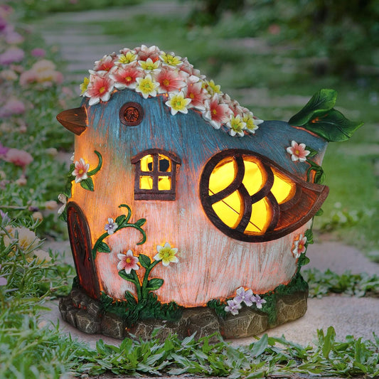 Solar Bird Fairy Garden House – Hand Painted Fairy House Garden Statue W/Solar LED Lights – Durable Resin Fairy Garden Decorations – Fairy Garden Accessories (6" L X 9" W X 8" H)