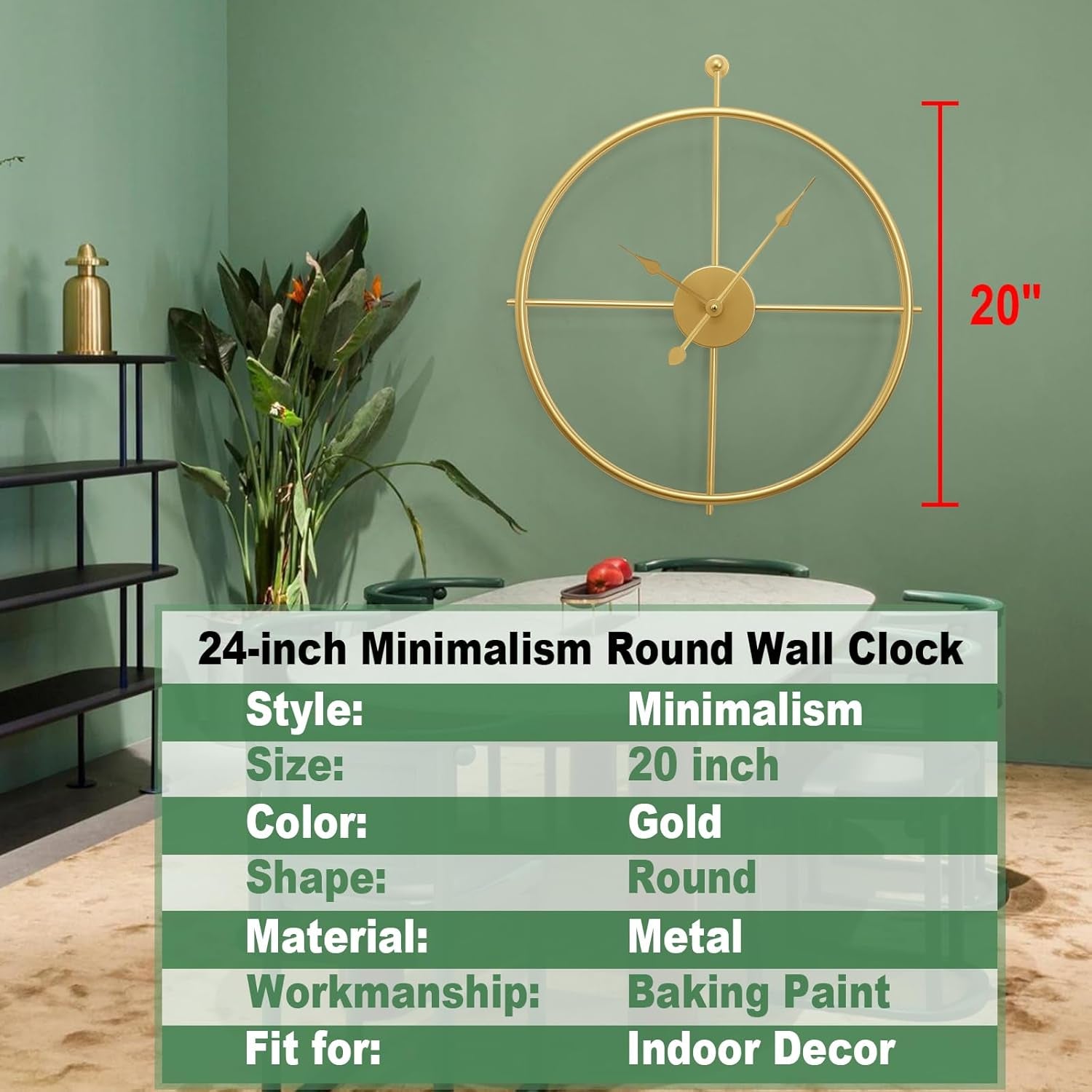 Large Wall Clock 20 Inch Gold Wall Clock Modern Metal Clock Gold Wall Clocks for Living Room Decor Minimalism Clocks Farmhouse Clock, Non Ticking Battery Operated Clock for Bedroom Kitchen Office Home