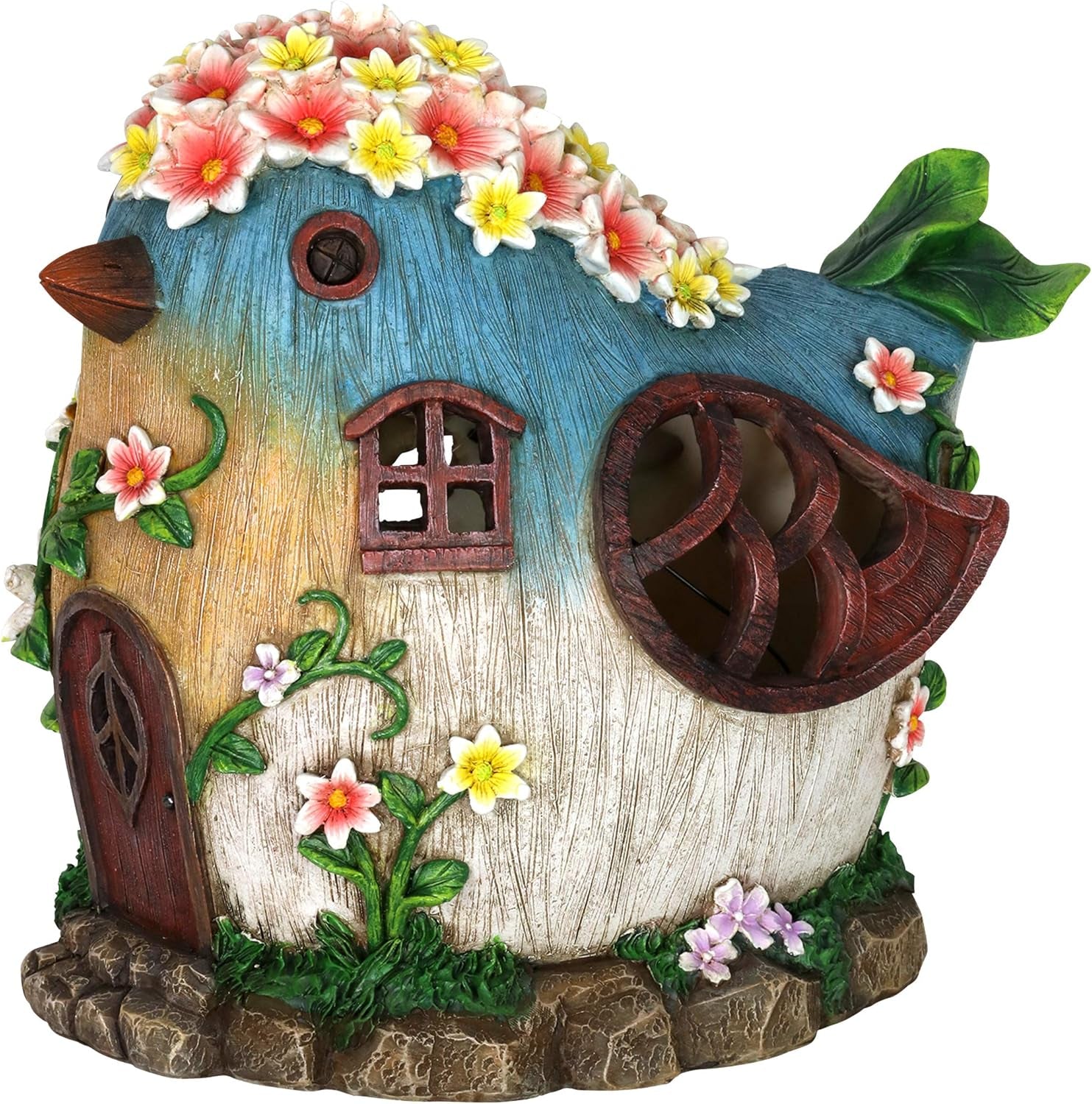 Solar Bird Fairy Garden House – Hand Painted Fairy House Garden Statue W/Solar LED Lights – Durable Resin Fairy Garden Decorations – Fairy Garden Accessories (6" L X 9" W X 8" H)