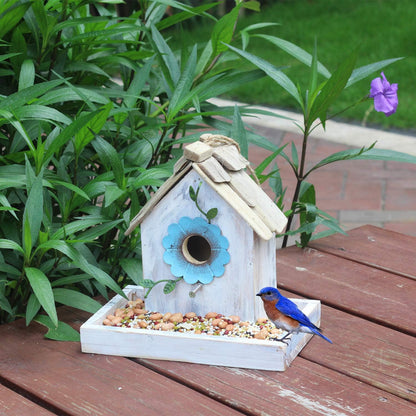 Bird Feeder House for outside Hanging, Wooden Birdhouse Bluebird House Feeder Handcrafted Hut