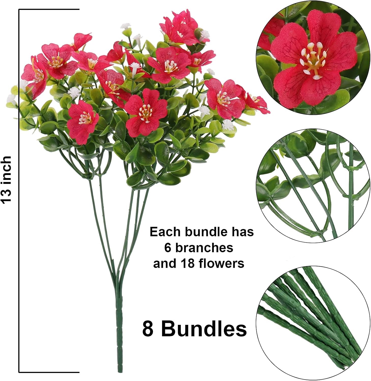 Artificial Flowers Outdoor UV Resistant Plants, 8 Bundles in Bulk Silk Plastic Faux Flowers Indoor, Fake Flowers for outside Hanging Shrubs Planters Home Garden Wedding Porch Window Vase Décor,Coloful