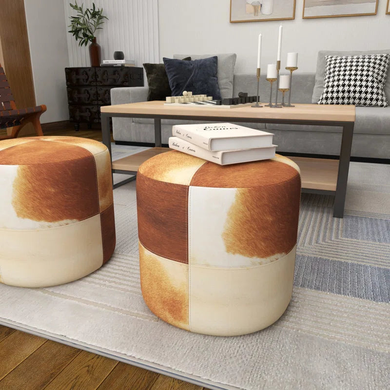 Leather Handmade Cowhide Living Room Stool with Patchwork Pattern