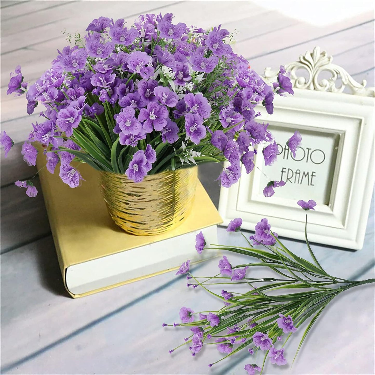 Artificial Flowers Outdoor UV Resistant Plants, 8 Bundles in Bulk Silk Plastic Faux Flowers Indoor, Fake Flowers for outside Hanging Shrubs Planters Home Garden Wedding Porch Window Vase Décor, Purple