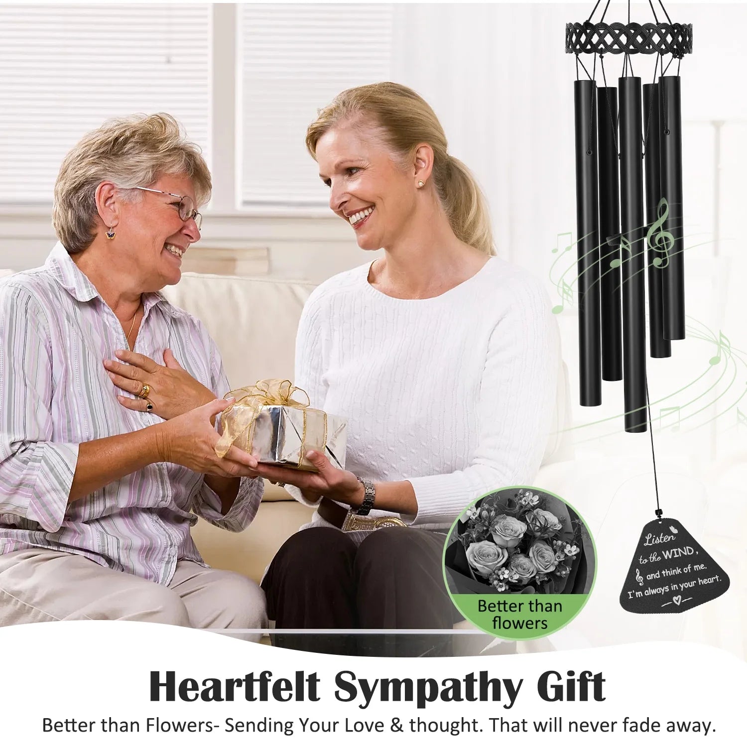 Wind Chimes for Outside, Sympathy Memorial Wind Chimes Deep Tone, Soothing Aluminium Windbell, Large Wind Chimes with 5 Thicken Tubes & Hook, 33''