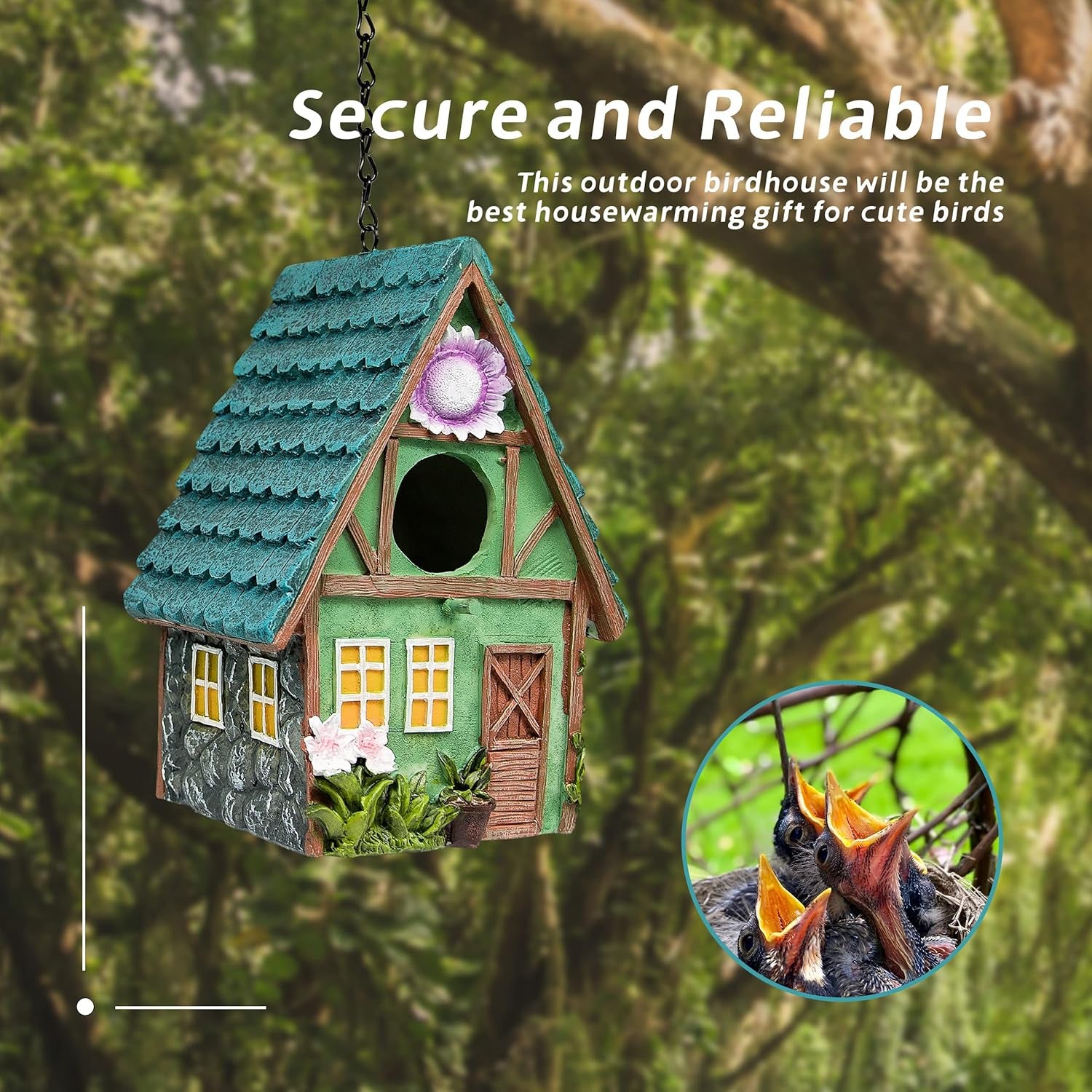 Bird Houses for Outside,  Hanging Outdoor Resin Birdhouses Garden Decor for Bluebirds Tits, Hummingbirds, Swallows, Skylarks, Squirrels (Green House)