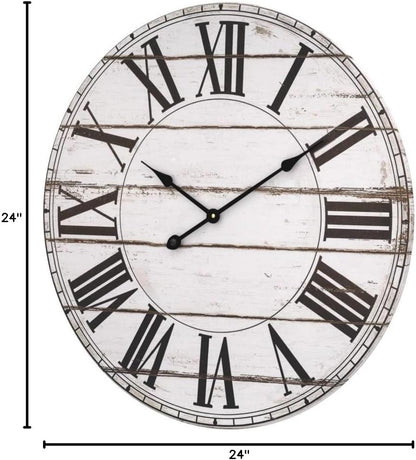 Large Wall Clock, Rustic Farmhouse Distressed Shiplap Wall Clock, Silent White Wooden Wall Clock for Living Room Decor (24 Inch)