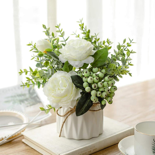 Artificial Flowers in Vase,Flowers Artificial for Decoration Fake Flowers Decoration,Fake Flowers with Vase for Coffee Table Decor,Silk Flower Arrangements for Home Dining Table Decor(White)