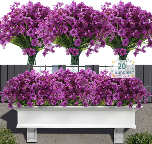 20 Bundles Artificial Flowers for Outdoors, UV Resistant Fake Flowers with Plastic Plants, Faux Silk Flowers for outside Window Box Front Porch Hanging Planter Decor-Purple