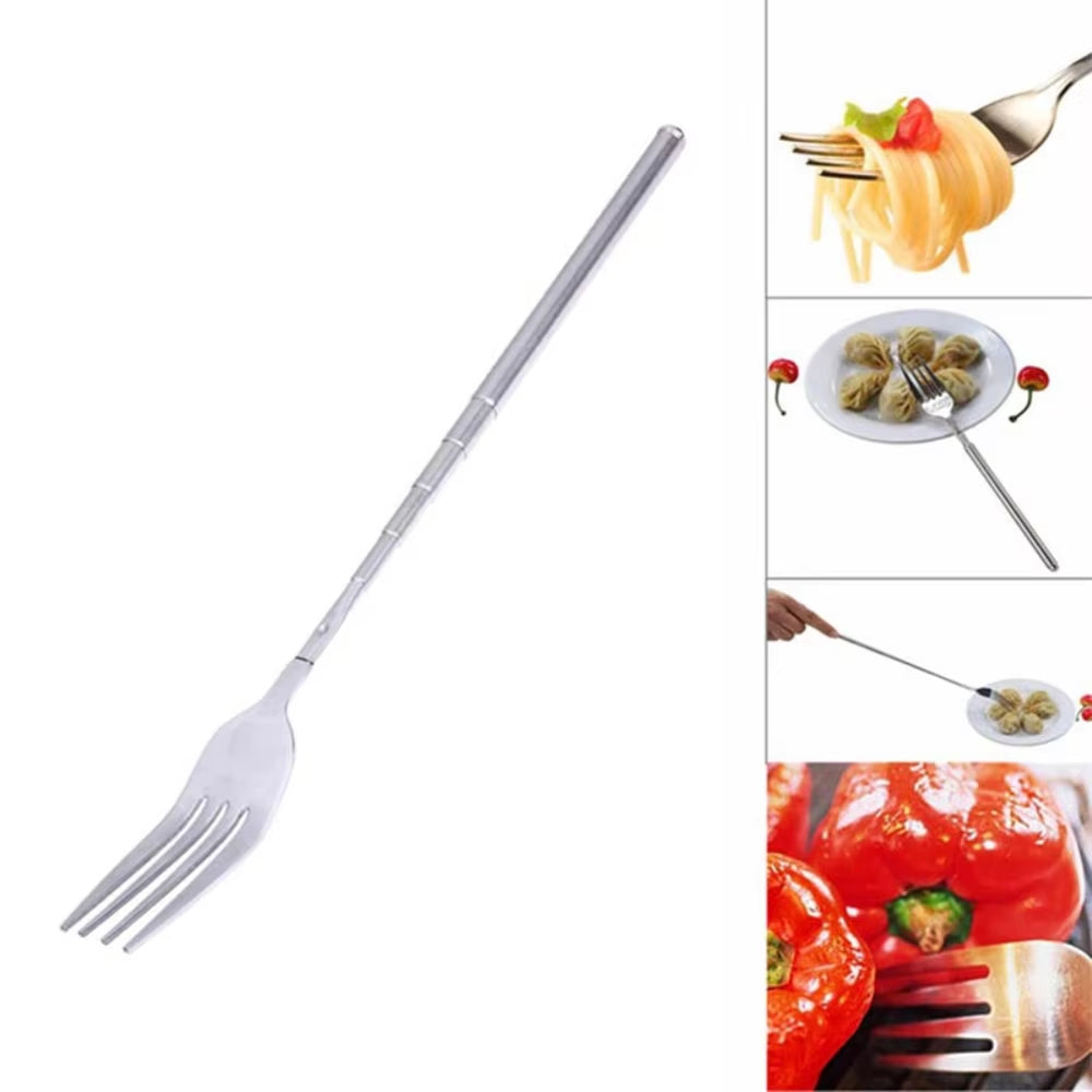 Food Fork Stainless Steel Sliver Telescopic Food Fork Long Cutlery Fork Extendable Dinner Fruit Dessert Fork Kitchen Tool