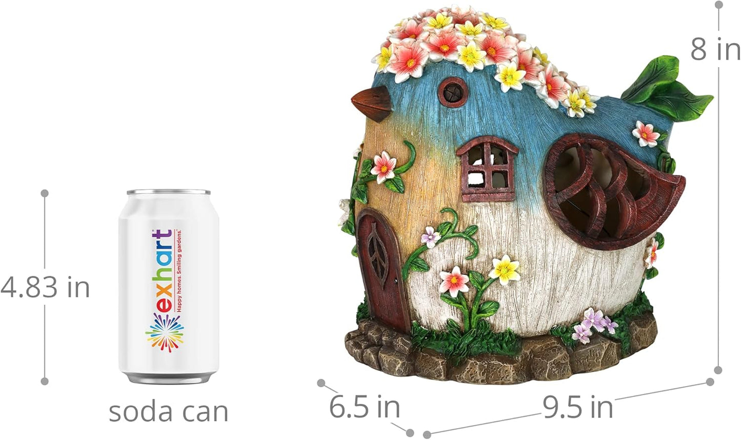 Solar Bird Fairy Garden House – Hand Painted Fairy House Garden Statue W/Solar LED Lights – Durable Resin Fairy Garden Decorations – Fairy Garden Accessories (6" L X 9" W X 8" H)