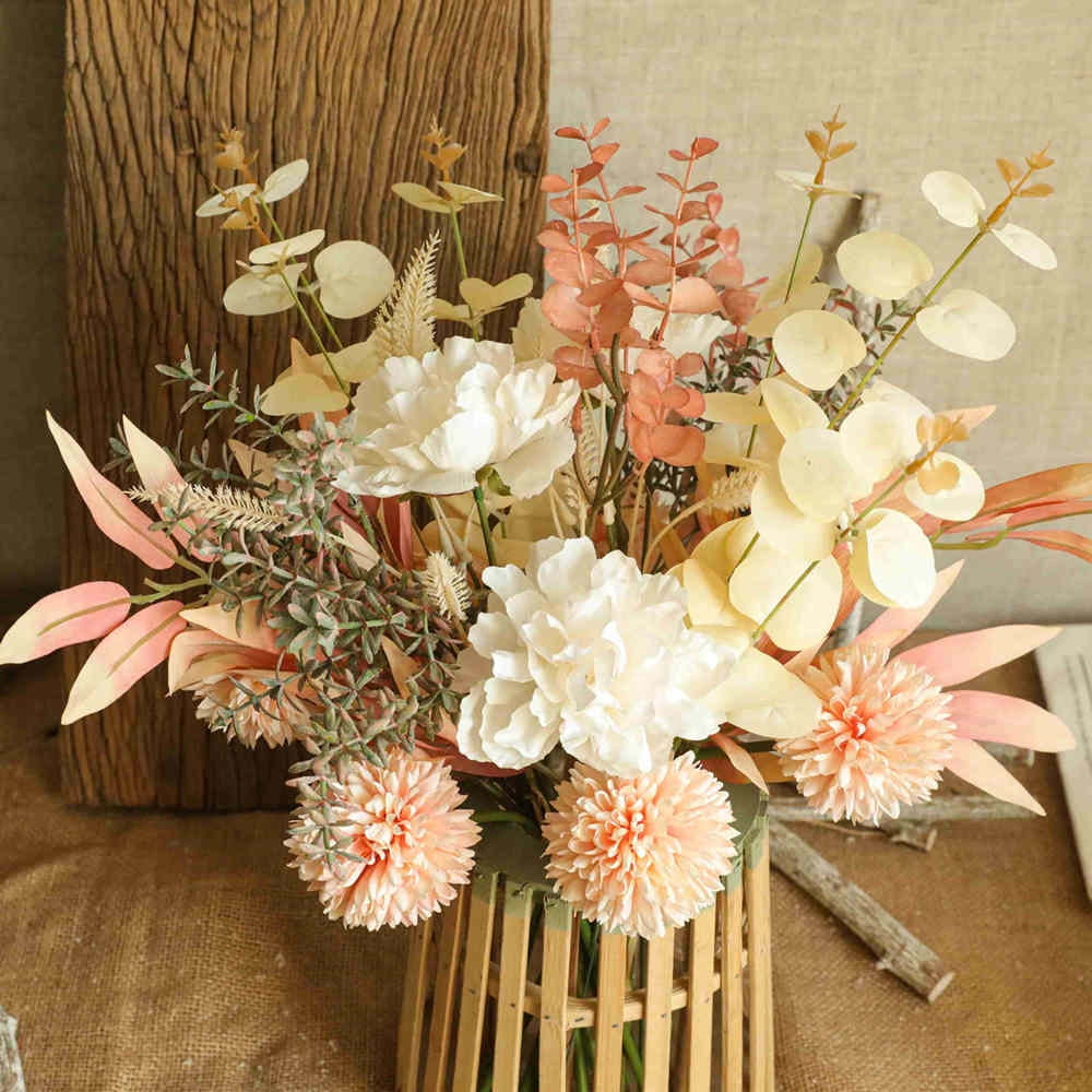 Artificial Flowers Silk Flower Bouquet Decor Realistic Retro Flowers Arrangements Wedding Decoration Table Centerpieces(Champagne)