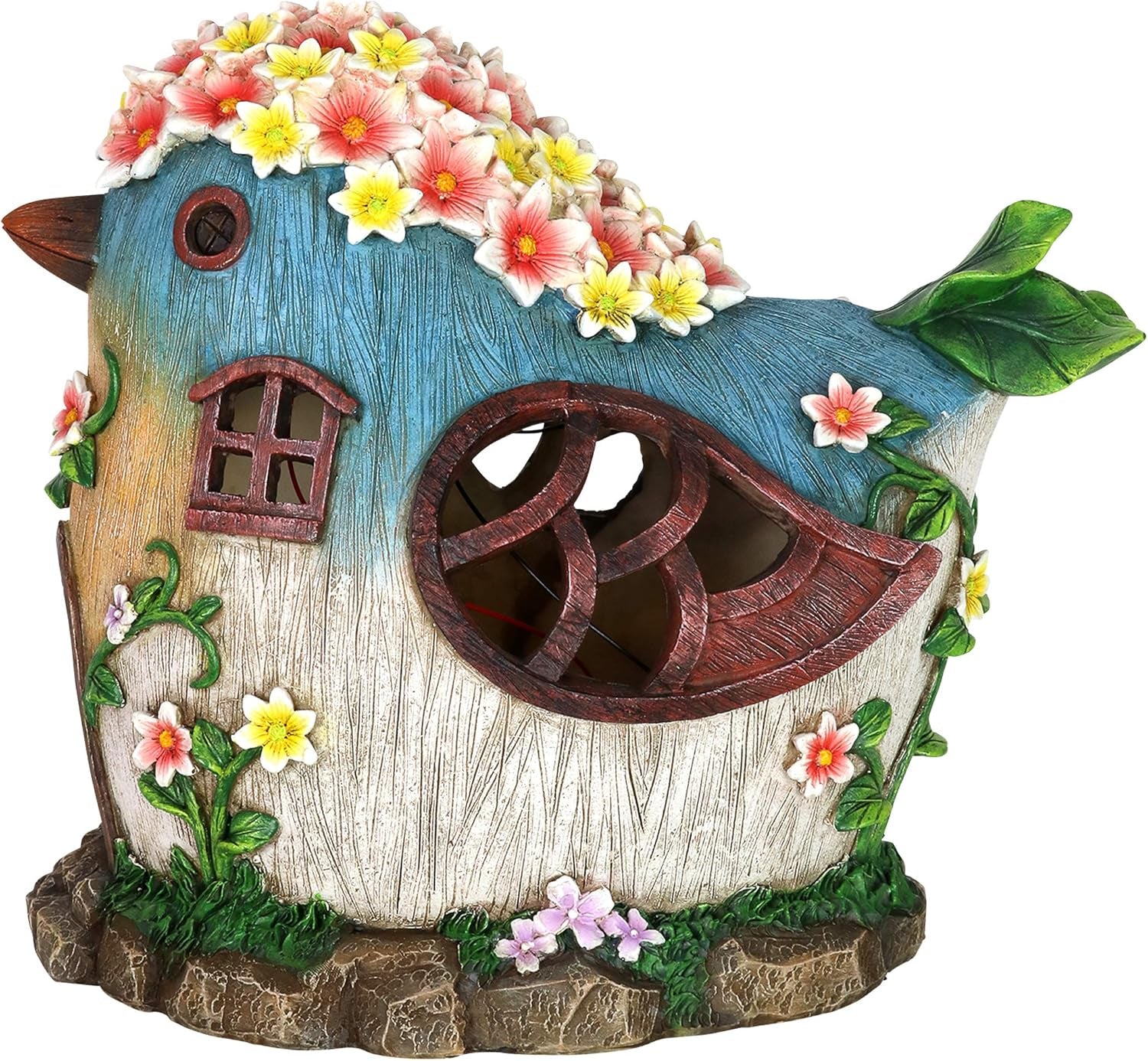 Solar Bird Fairy Garden House – Hand Painted Fairy House Garden Statue W/Solar LED Lights – Durable Resin Fairy Garden Decorations – Fairy Garden Accessories (6" L X 9" W X 8" H)