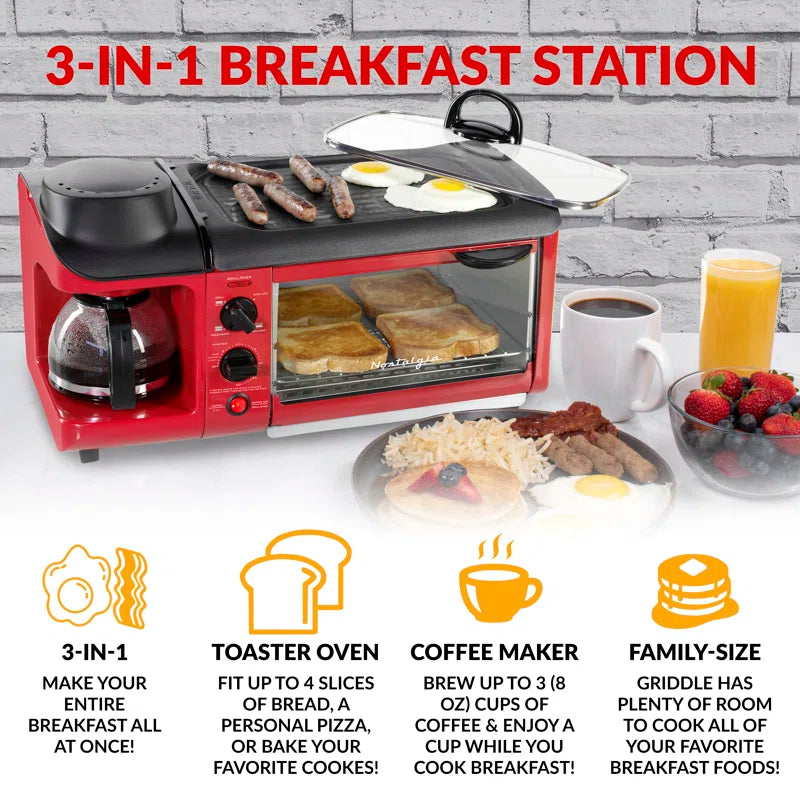 Retro 3-In-1 Family Size Electric Breakfast Station, Coffeemaker, Griddle, Toaster Oven, Aqua