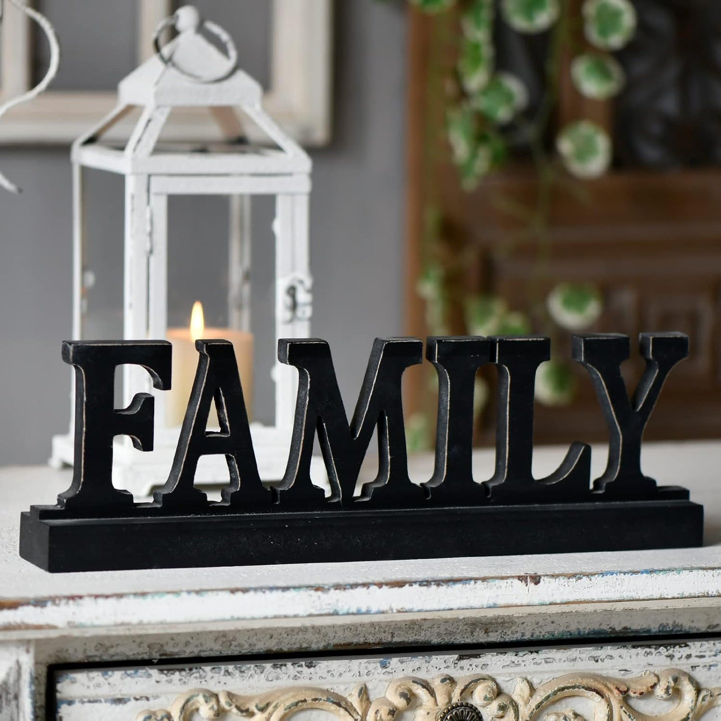 Farmhouse Distressed Black Wood Family Sign for Tabletop 16", Handmade Rustic Family Signs for Home Decor, Decorative Christmas Signs, Thanksgiving Signs for Shelf Fireplace Living Room Bedroom