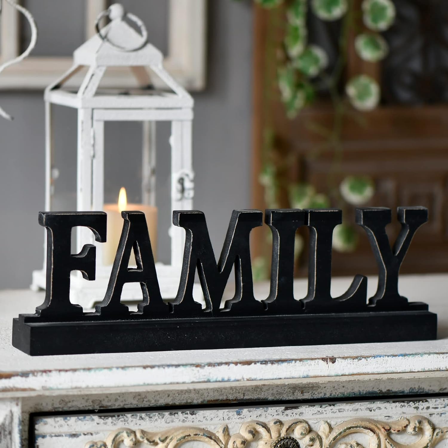 Farmhouse Distressed Black Wood Family Sign for Tabletop 16", Handmade Rustic Family Signs for Home Decor, Decorative Christmas Signs, Thanksgiving Signs for Shelf Fireplace Living Room Bedroom