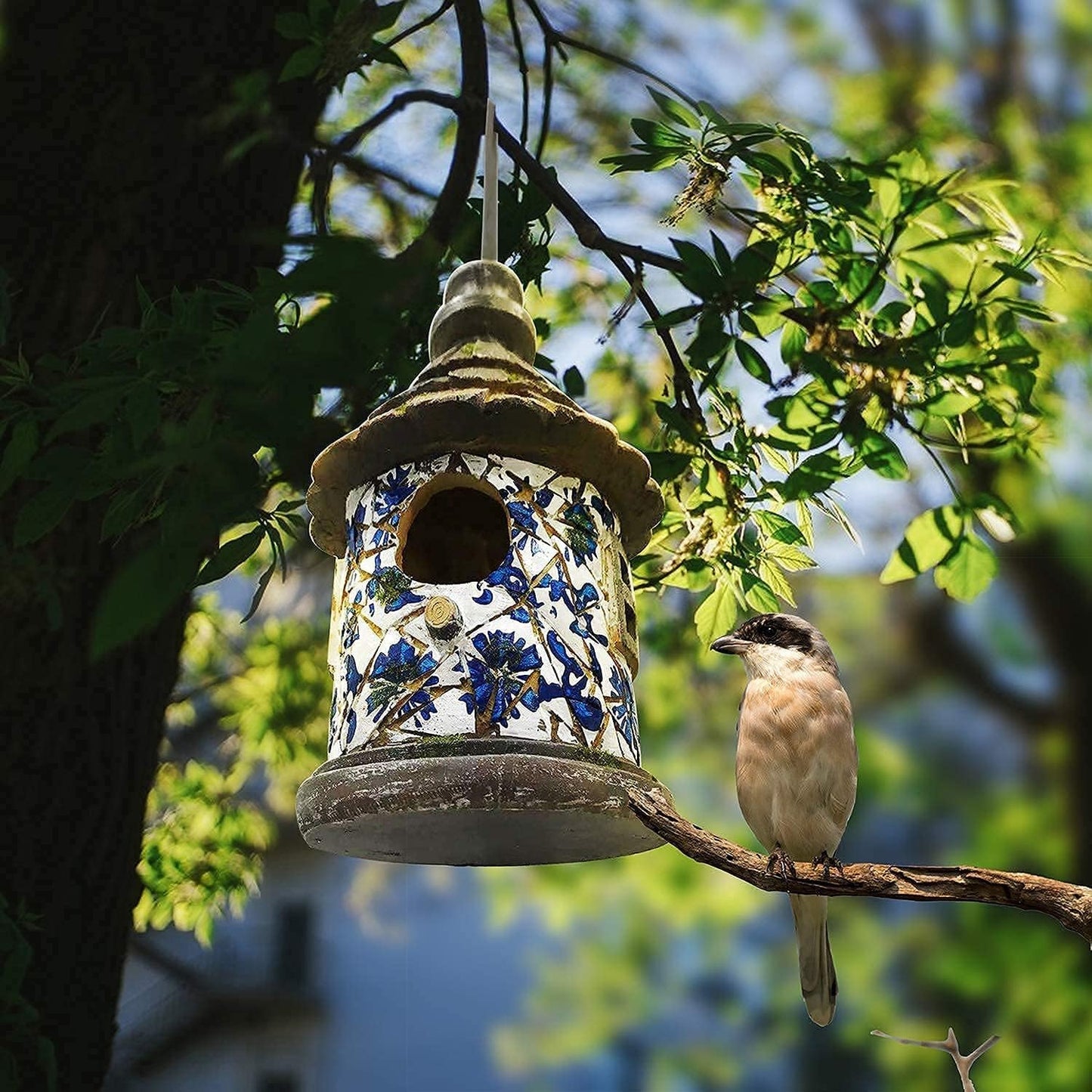 Bird House for Outdoor with Pole Garden Decor Hanging Birdhouses Weatherproof Birdnest for outside Bluebird, Finch, Wren, Chickadee, Wild Birds Big Size Resin White Bule