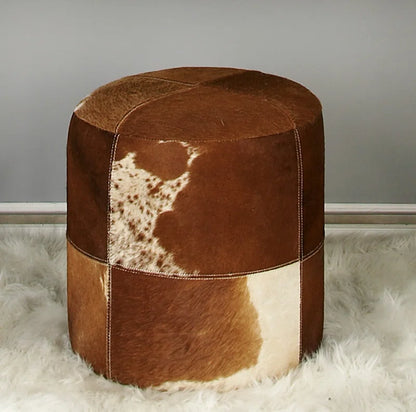 Leather Handmade Cowhide Living Room Stool with Patchwork Pattern