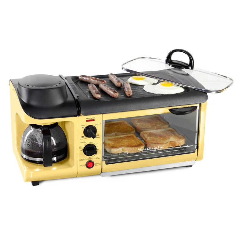 Retro 3-In-1 Family Size Electric Breakfast Station, Coffeemaker, Griddle, Toaster Oven, Aqua