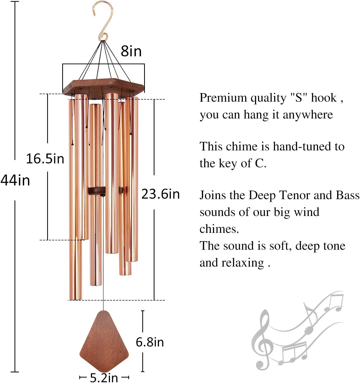 Wind Chimes Outdoor Large Deep Tone, 44 Inch Sympathy Wind Chime Outdoor, Memorial Wind-Chime with 6 Tuned Tubes, Elegant Chime for Garden, Patio, Balcony and Home Decor, Rose Gold