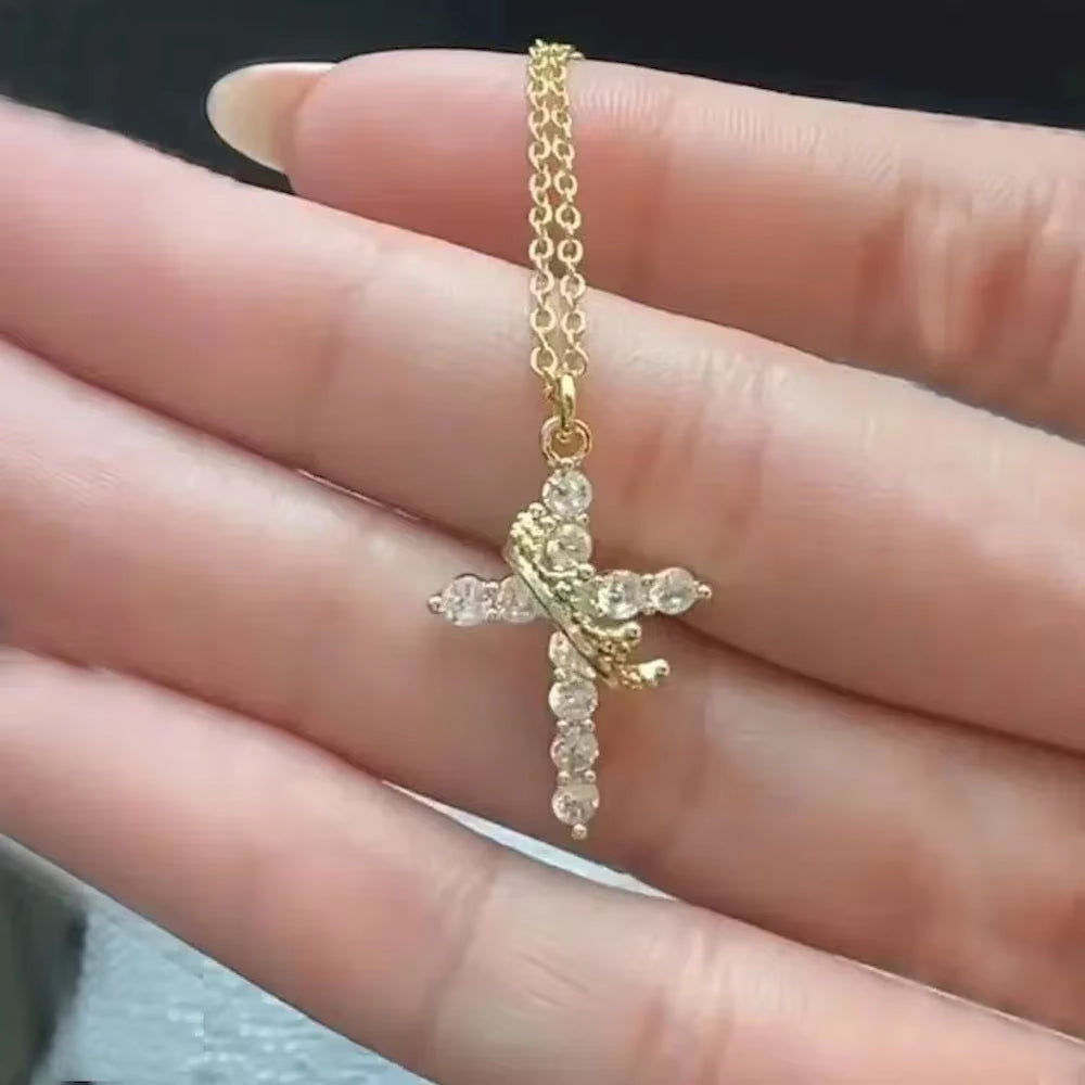 2024 Hot Sale AAAA Cubic Zircon Plated 14K Gold 50Cm Length Men Women Cross Necklace Crown Rotatable Hang Jewelry Drop Shipping