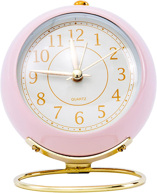 Student Dormitory Alarm Clock, Retro Metal Decorative Clock for Bedroom, Non Ticking Small Clock with Night Light, Battery Operated, Digital Dial,Desk Clock,Table Clock, Mini Clock (Pink)