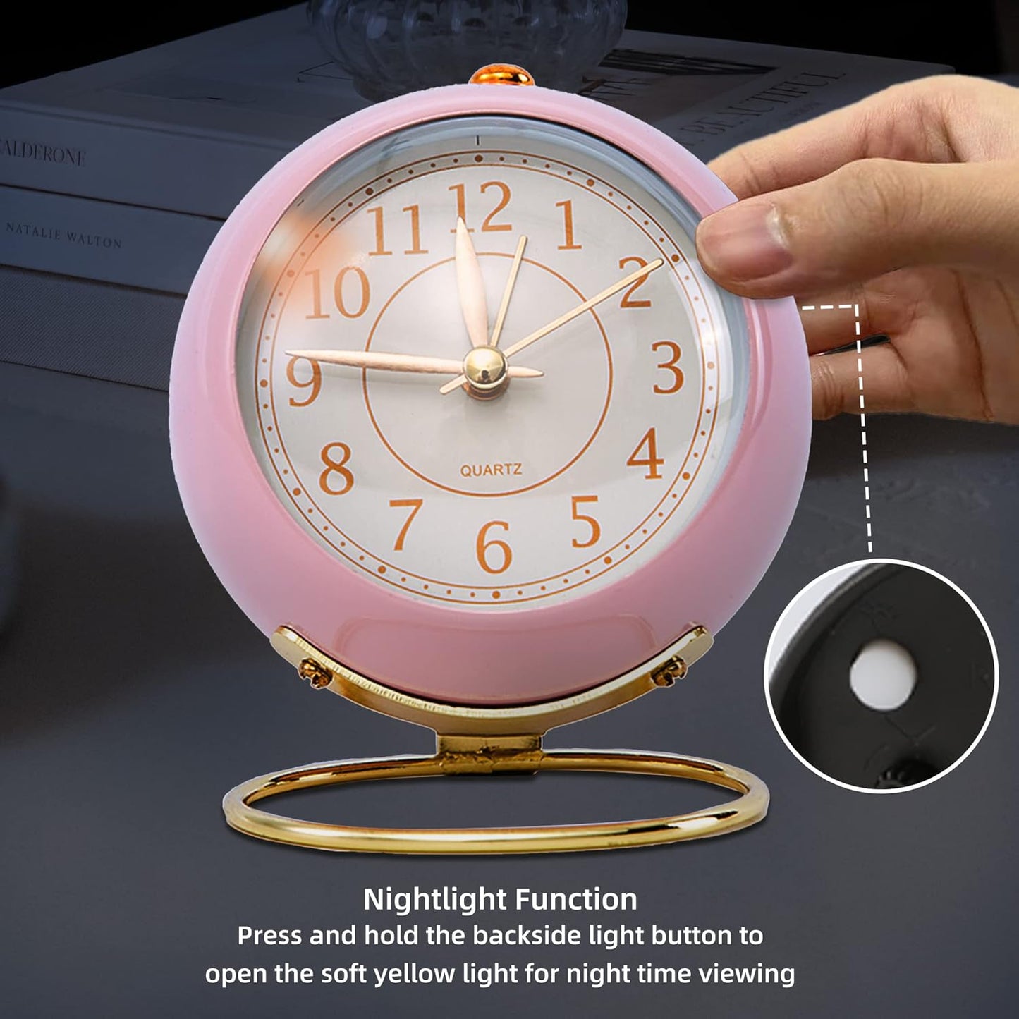 Student Dormitory Alarm Clock, Retro Metal Decorative Clock for Bedroom, Non Ticking Small Clock with Night Light, Battery Operated, Digital Dial,Desk Clock,Table Clock, Mini Clock (Pink)