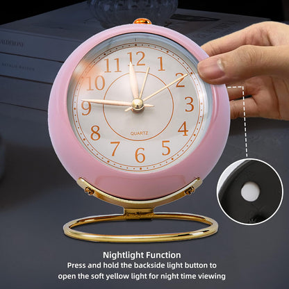 Student Dormitory Alarm Clock, Retro Metal Decorative Clock for Bedroom, Non Ticking Small Clock with Night Light, Battery Operated, Digital Dial,Desk Clock,Table Clock, Mini Clock (Pink)