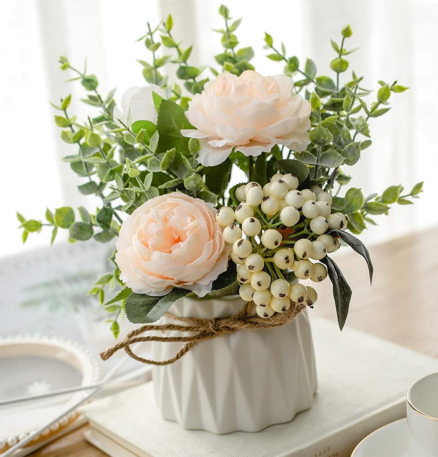 Artificial Flowers in Vase,Fake Flowers with Vase,Flower Arrangements with Vase for Flower Centerpiece Table Decorations,Small Flower Arrangement for Home Office Decoration(Champagne)