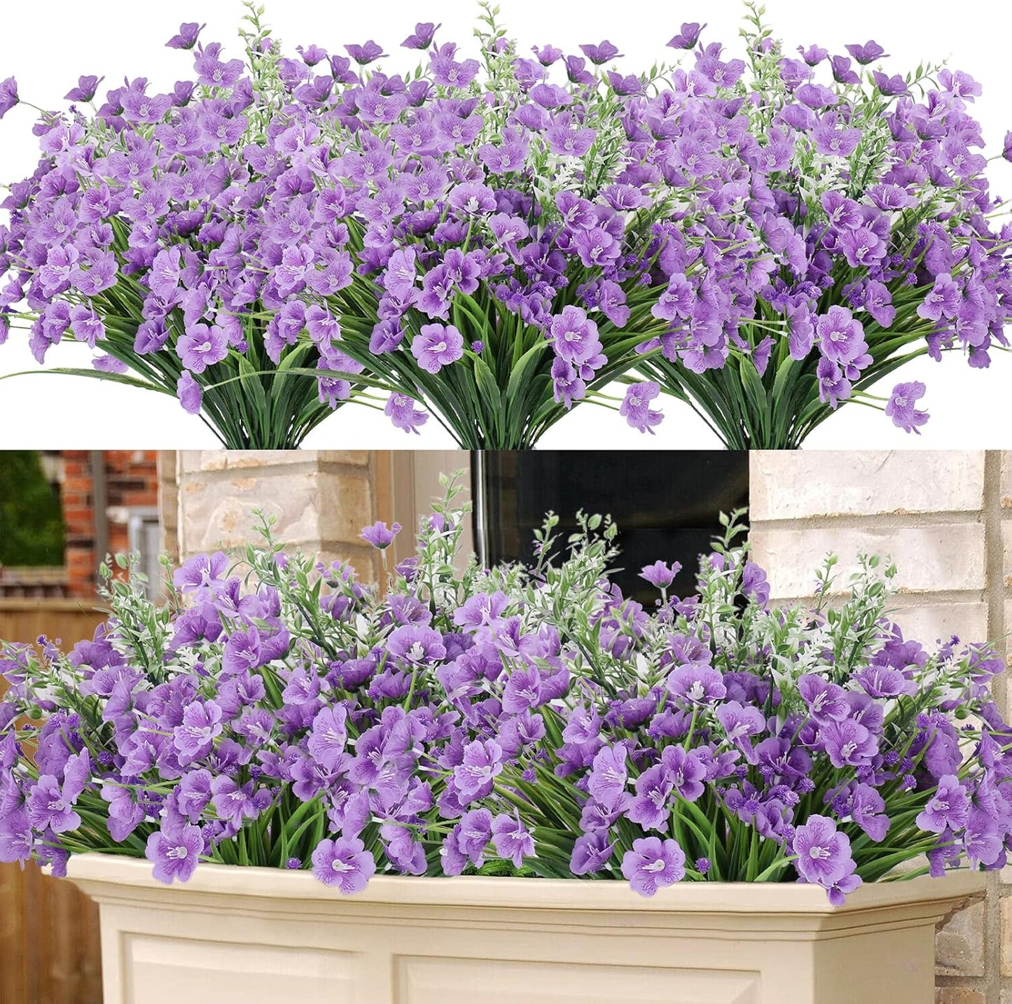 Artificial Flowers Outdoor UV Resistant Plants, 8 Bundles in Bulk Silk Plastic Faux Flowers Indoor, Fake Flowers for outside Hanging Shrubs Planters Home Garden Wedding Porch Window Vase Décor, Purple