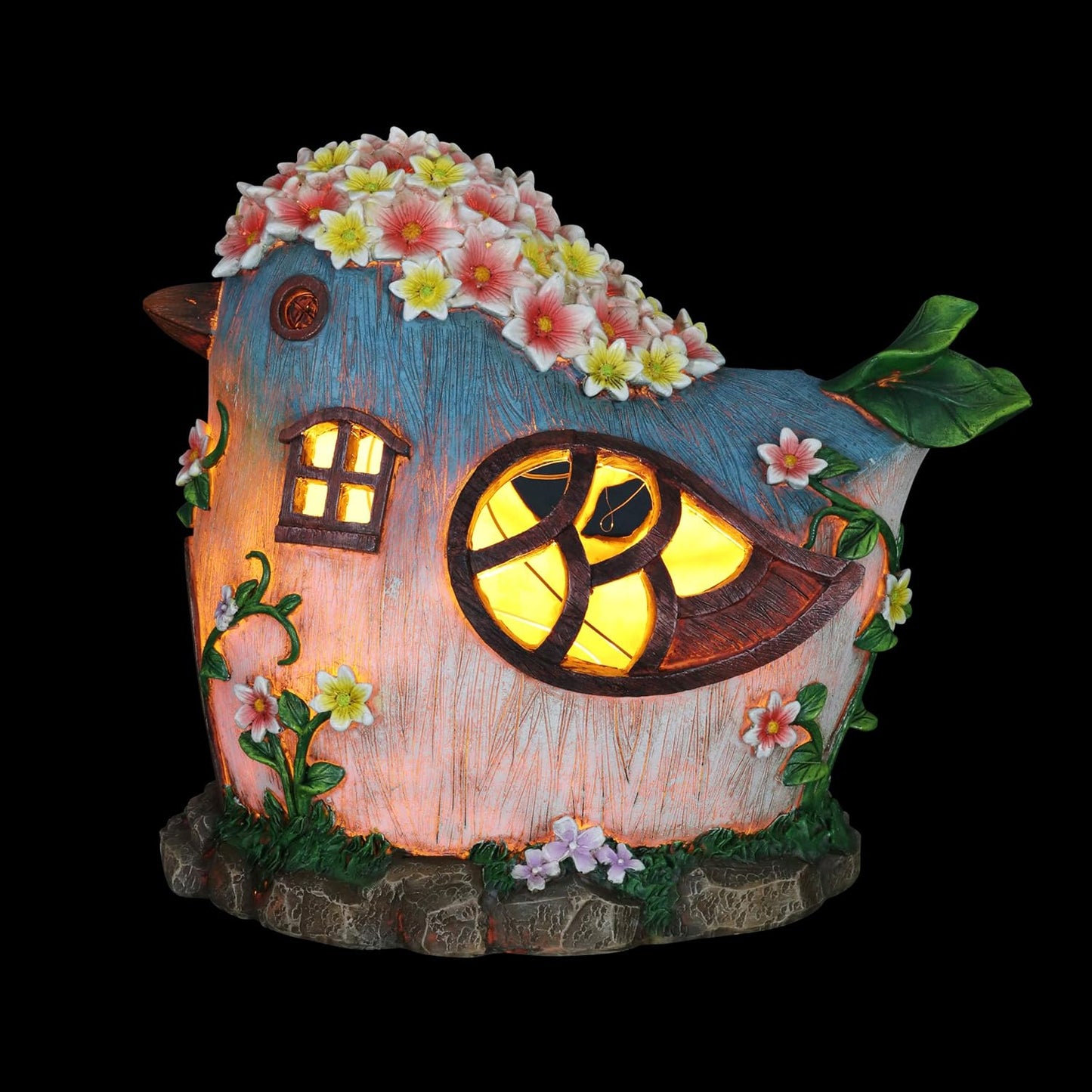 Solar Bird Fairy Garden House – Hand Painted Fairy House Garden Statue W/Solar LED Lights – Durable Resin Fairy Garden Decorations – Fairy Garden Accessories (6" L X 9" W X 8" H)